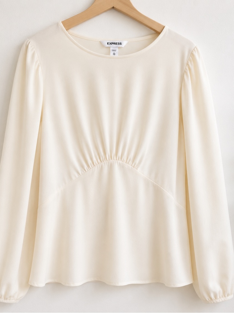 Express Women's Ivory Long-Sleeve Gathered Front Blouse